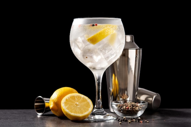 Free photo pouring gin tonic drink into a glass