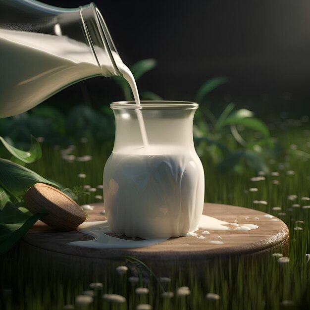 Pouring milk into a glass on a wooden table 3d rendering