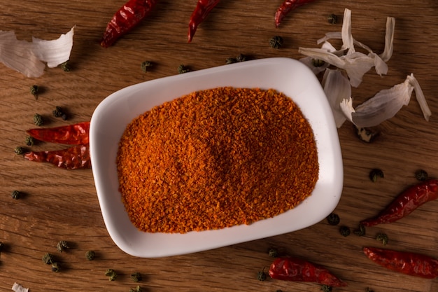 Powder chili peppers in a bowl 