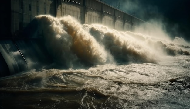 Powerful waves spray liquid fueling hydroelectric generator generative AI