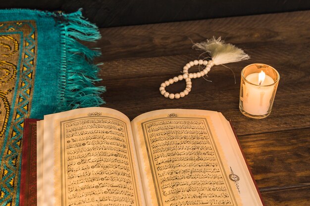 Prayer beads and candle near religious book