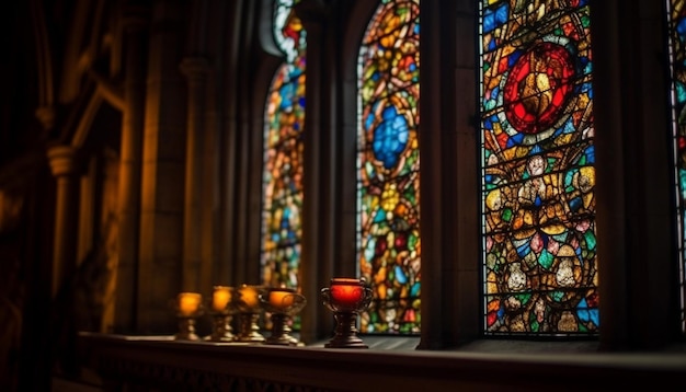 Free photo praying inside gothic chapel illuminated by flame generated by ai