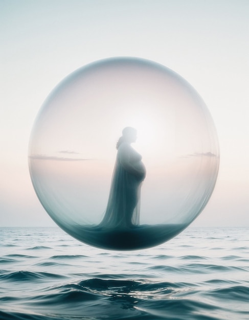 Pregnant woman inside a bubble over the sea