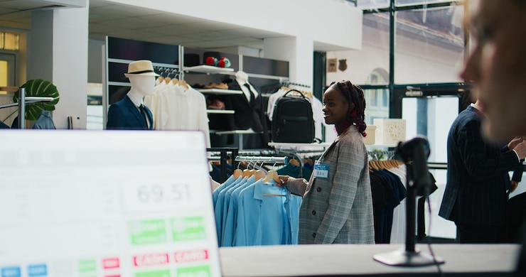 Free Photo pregnant woman looking at trendy merchandise on stand hangers