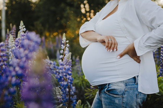 Pregnant woman's belly close up, without her face, among lupines field