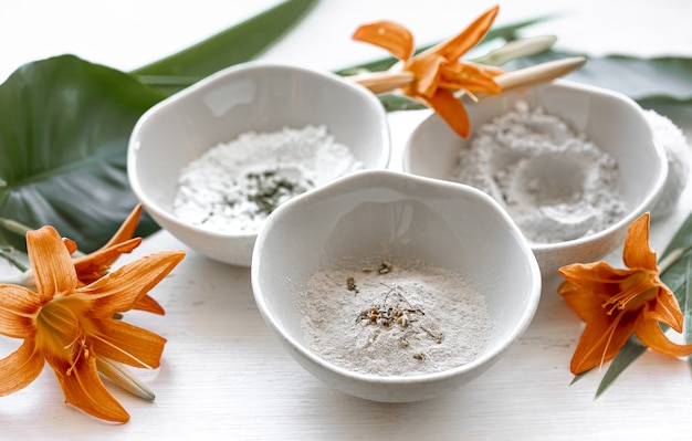 Preparation of a cosmetic mask from natural ingredients, facial skin care at home or in a spa salon.