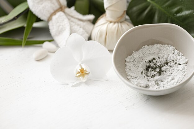 Preparation of a cosmetic mask from natural ingredients, facial skin care at home or in a spa salon.
