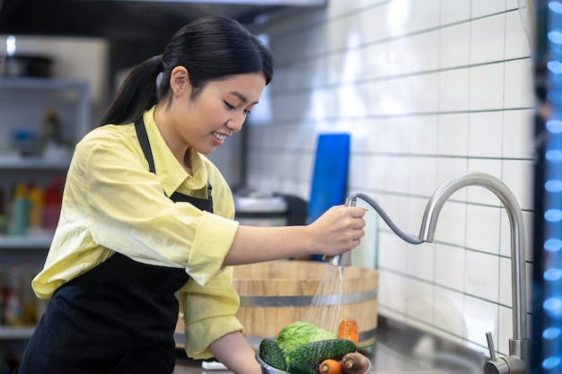 準備。調理する前に野菜を洗う台所の女性