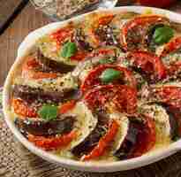 Free photo prepared gratin dish raw eggplant with mozzarella and tomatoes