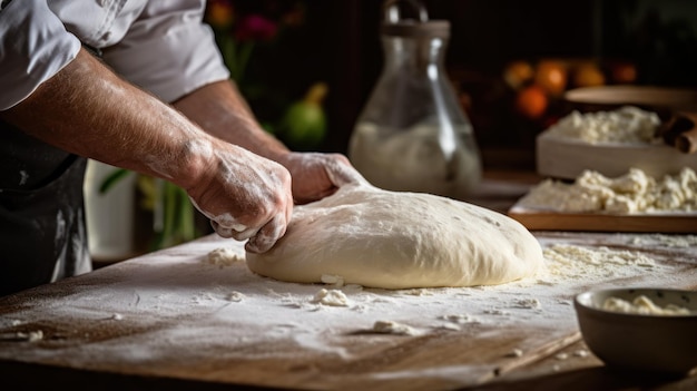 Preparing Pizza Dough The process of making homemade pizza takes place on a kitchen table