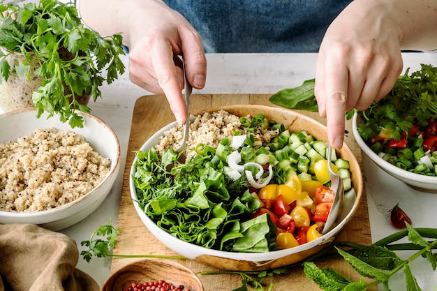 step-by-step preparation of the chicken and bocconcini quinoa salad