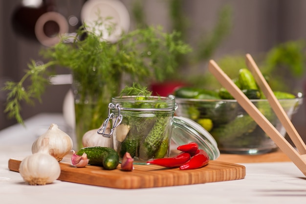 Preparing sour cucumbers in the kitchen