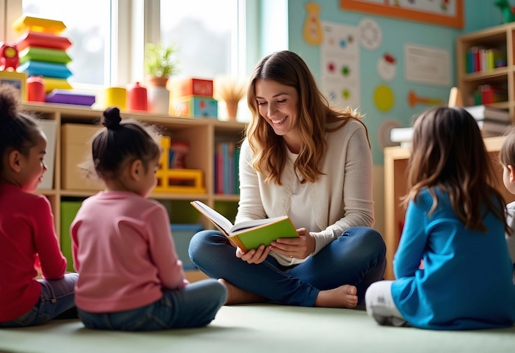 Free Photo preschool teacher reading to children