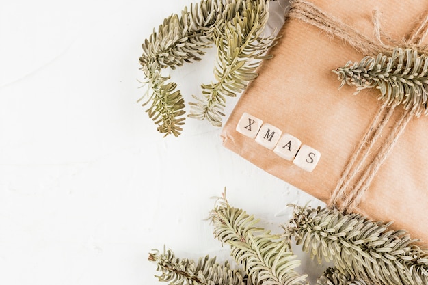 Present box in craft paper between decorative coniferous branches