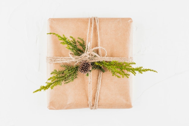 Free photo present box in craft paper with coniferous branch