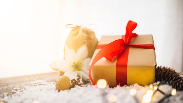 Present box near flower and snags between decorative snow