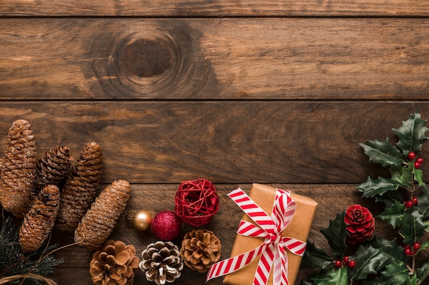 Present box near ornament snags and green twig 