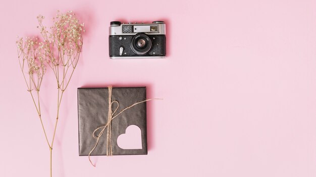 Present box with ornament heart, camera and twig