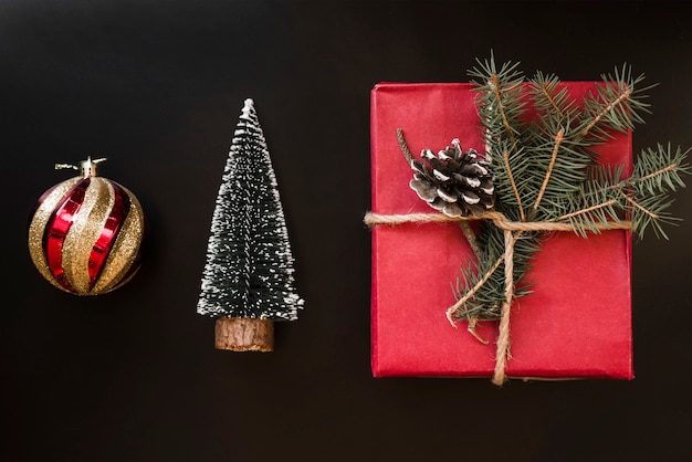 Present box with twig near decorative ball and fir tree