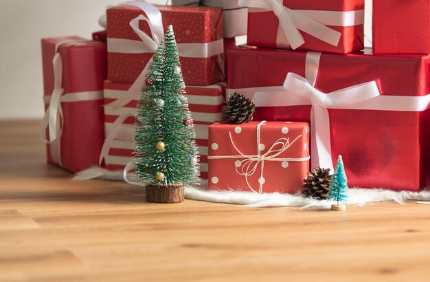 Presents under a Christmas tree. Happy new year and merry christmas celebration concept.