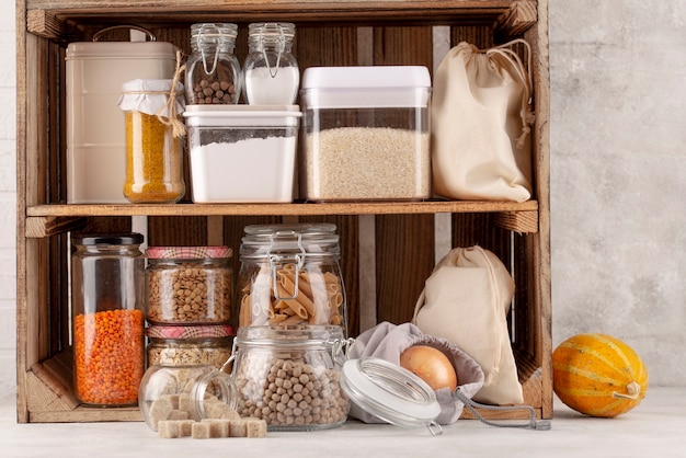 Preserved food assortment on shelves