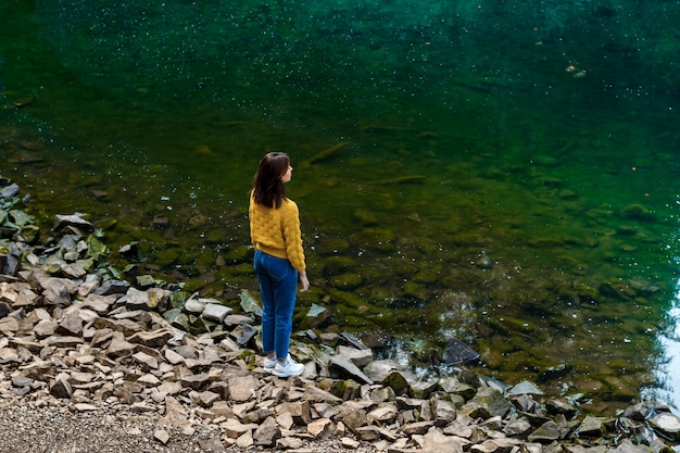 湖の近くに立って、山の風景を楽しんでいるかなりブルネットの女性