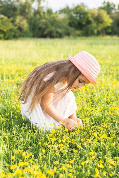 Pretty girl picking yellow flowers in the field
