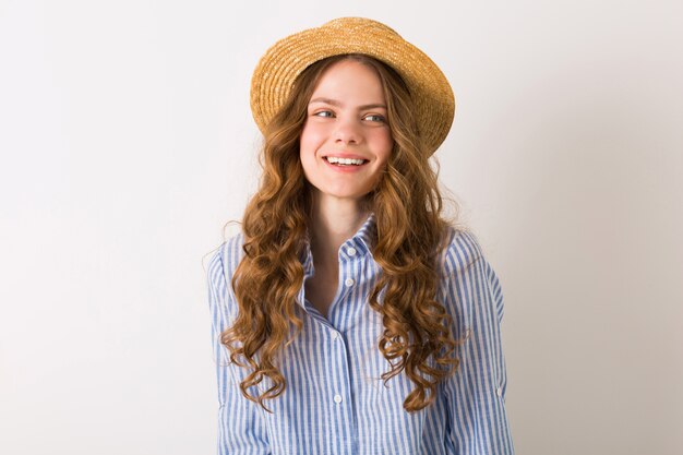 Pretty innocent woman with blond curly hairstyle