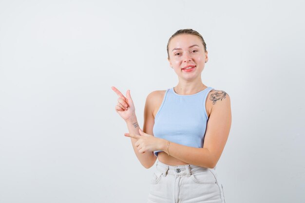 pretty lady is showing her left side on white background