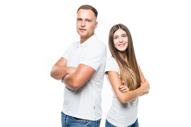 Free photo pretty smiling young couple isolated on white background