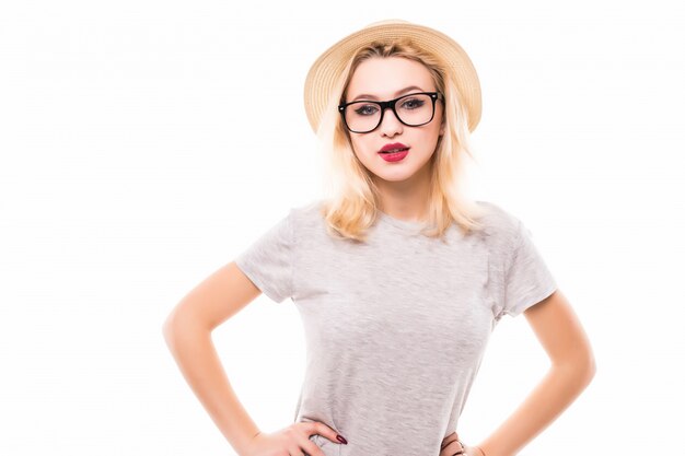 Pretty smiling young woman in transperend glasses with crossed arms on her belt