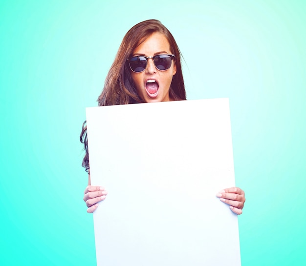 pretty woman holding a banner