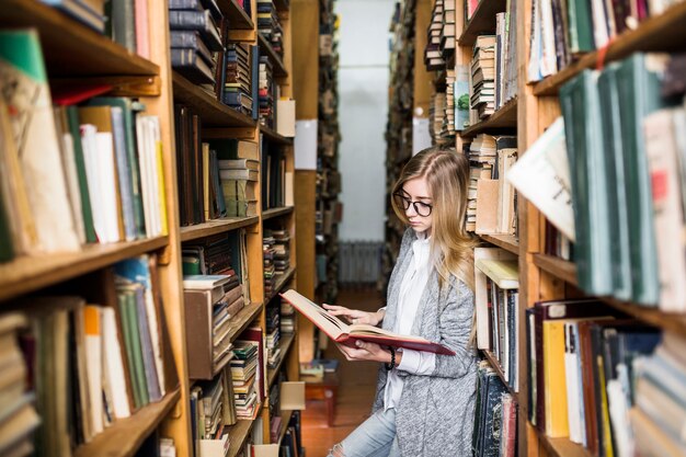 Pretty woman reading between bookshelves