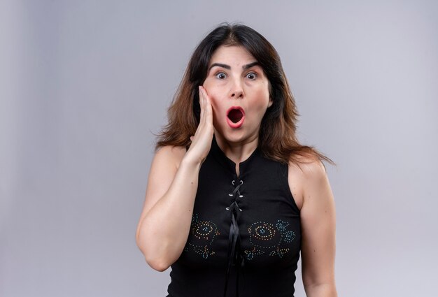 Pretty woman wearing black blouse  shocked