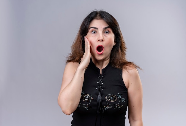 Pretty woman wearing black blouse  shocked