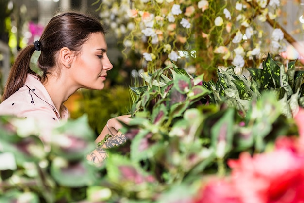 Pretty woman working in green house 