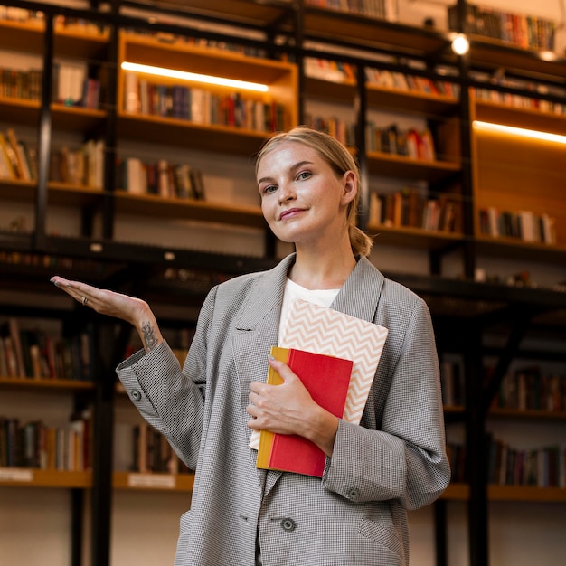 Foto gratuita ragazza graziosa che propone alla biblioteca