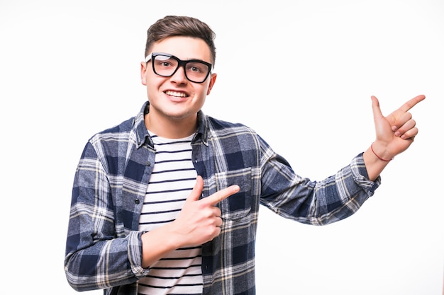 Pretty young man in transparent Glasses presenting something