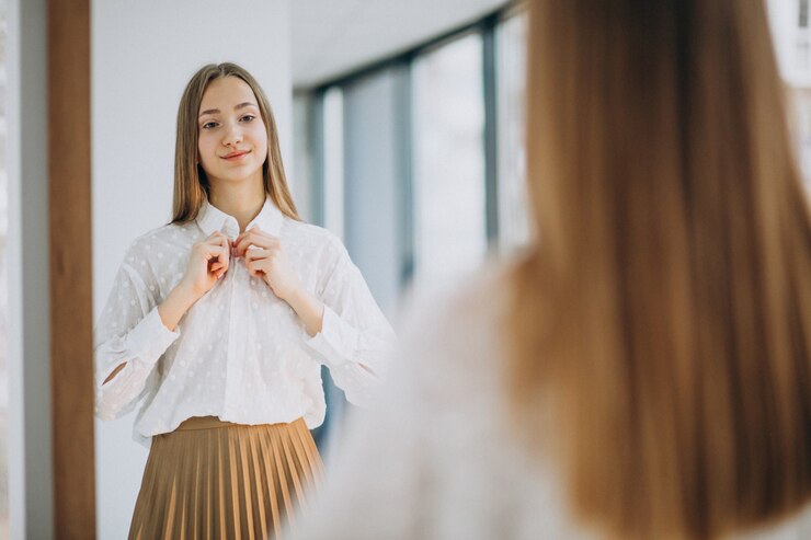 Free Photo pretty young woman in casual outfit looking into mirror