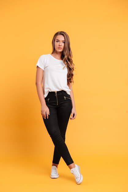 Pretty young woman standing and posing isolated over yellow wall