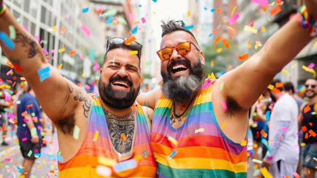 Pride scene with rainbow colors and men celebrating their sexuality