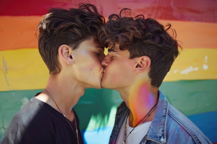 Free Photo pride scene with rainbow colors and men celebrating their sexuality