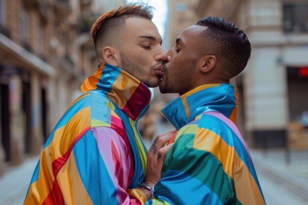 Pride scene with rainbow colors and men celebrating their sexuality