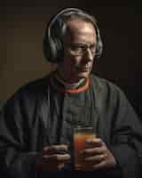 Free photo priest wearing headphones and drinking beer photography