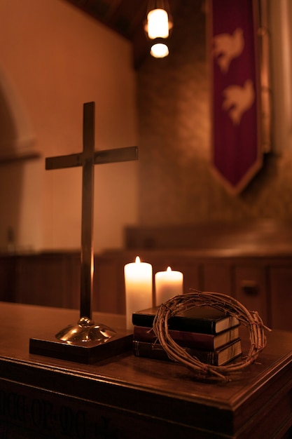 Priests praying together in church