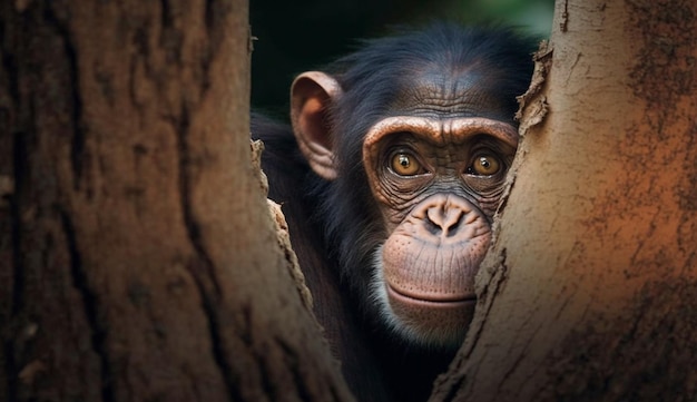 Lo sguardo triste del primate trasmette la situazione della giungla in via di estinzione generata dall'intelligenza artificiale