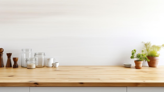 Primo piano di un tavolo in legno con uno sfondo bianco sulla parete della cucina