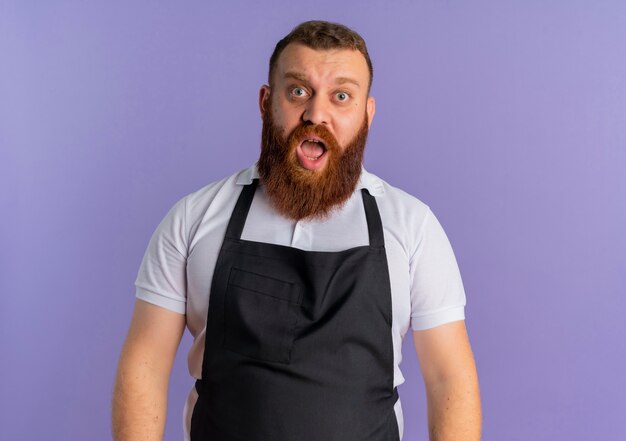 Professional bearded barber man in apron shocked standing over purple wall