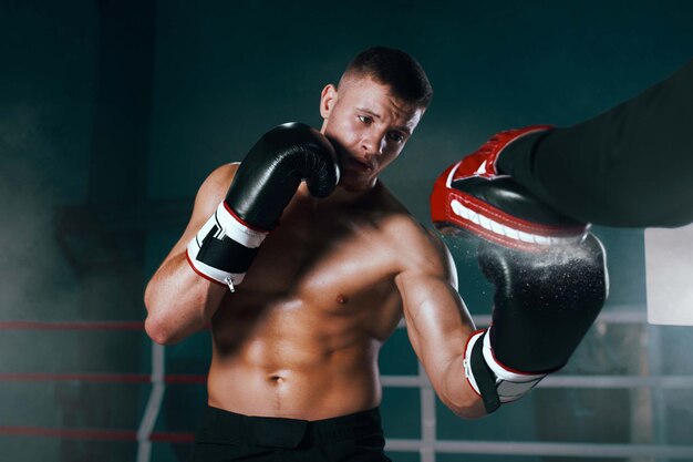 Professional boxer on boxing ring boxing training