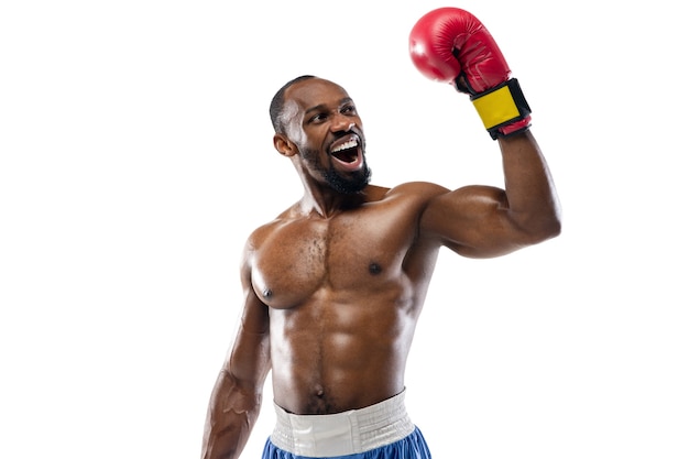 Professional boxer isolated on white studio wall